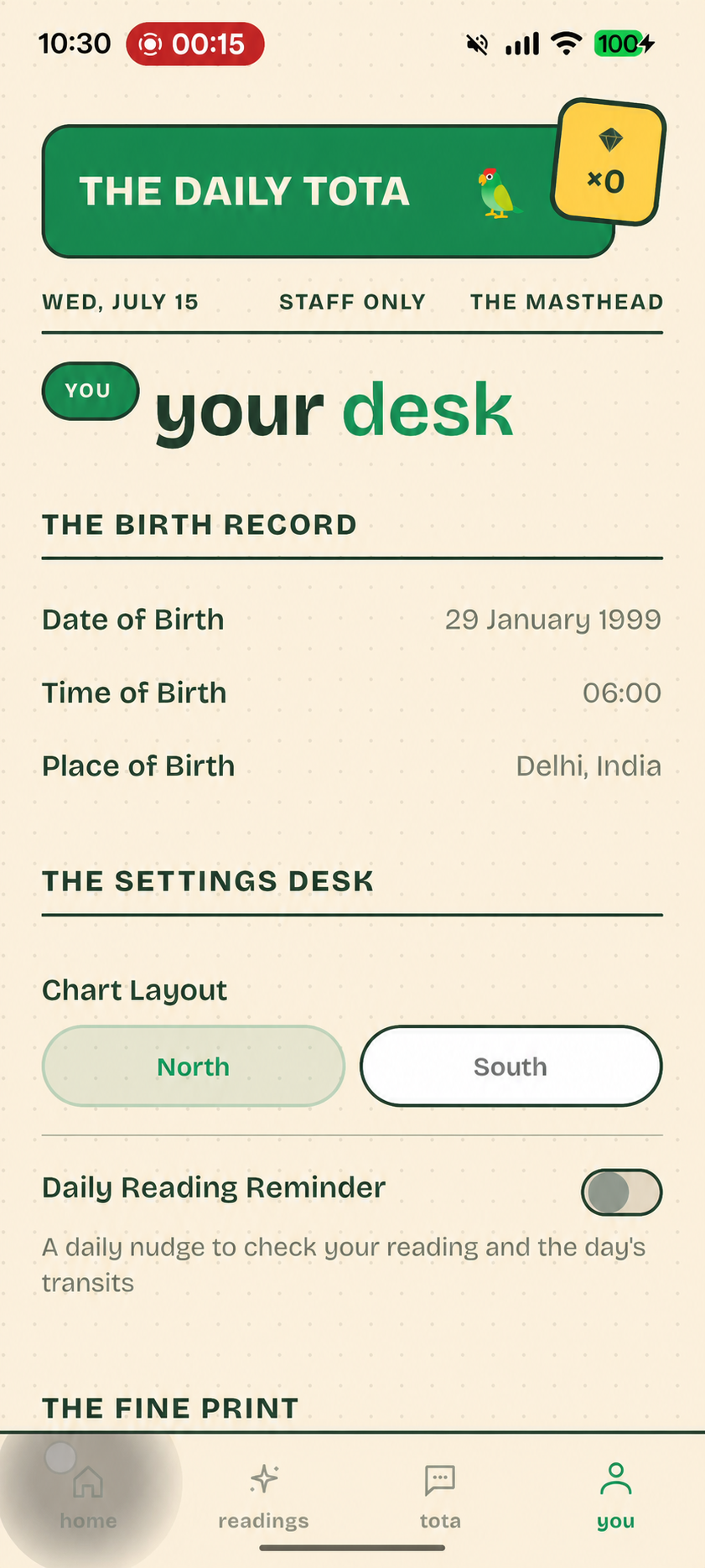 Ask Tota profile and birth record screen.