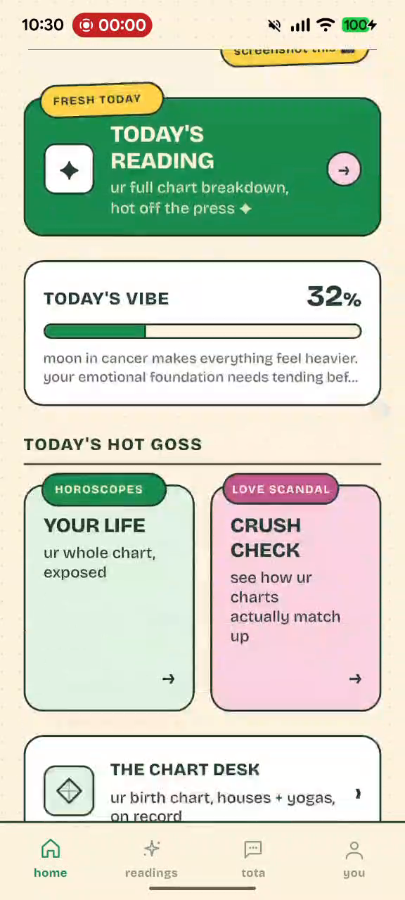 Ask Tota home screen with daily reading, vibe meter, and feature cards.
