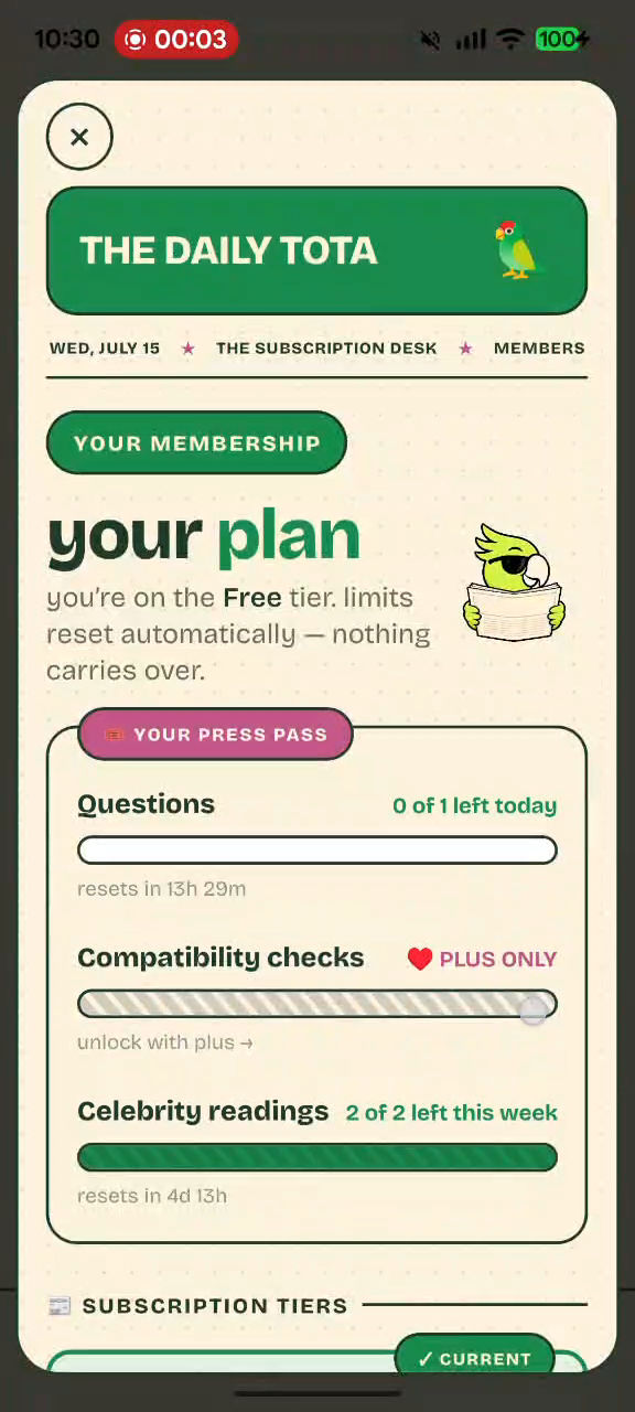 Ask Tota membership screen showing free, plus, and pro style tiers.