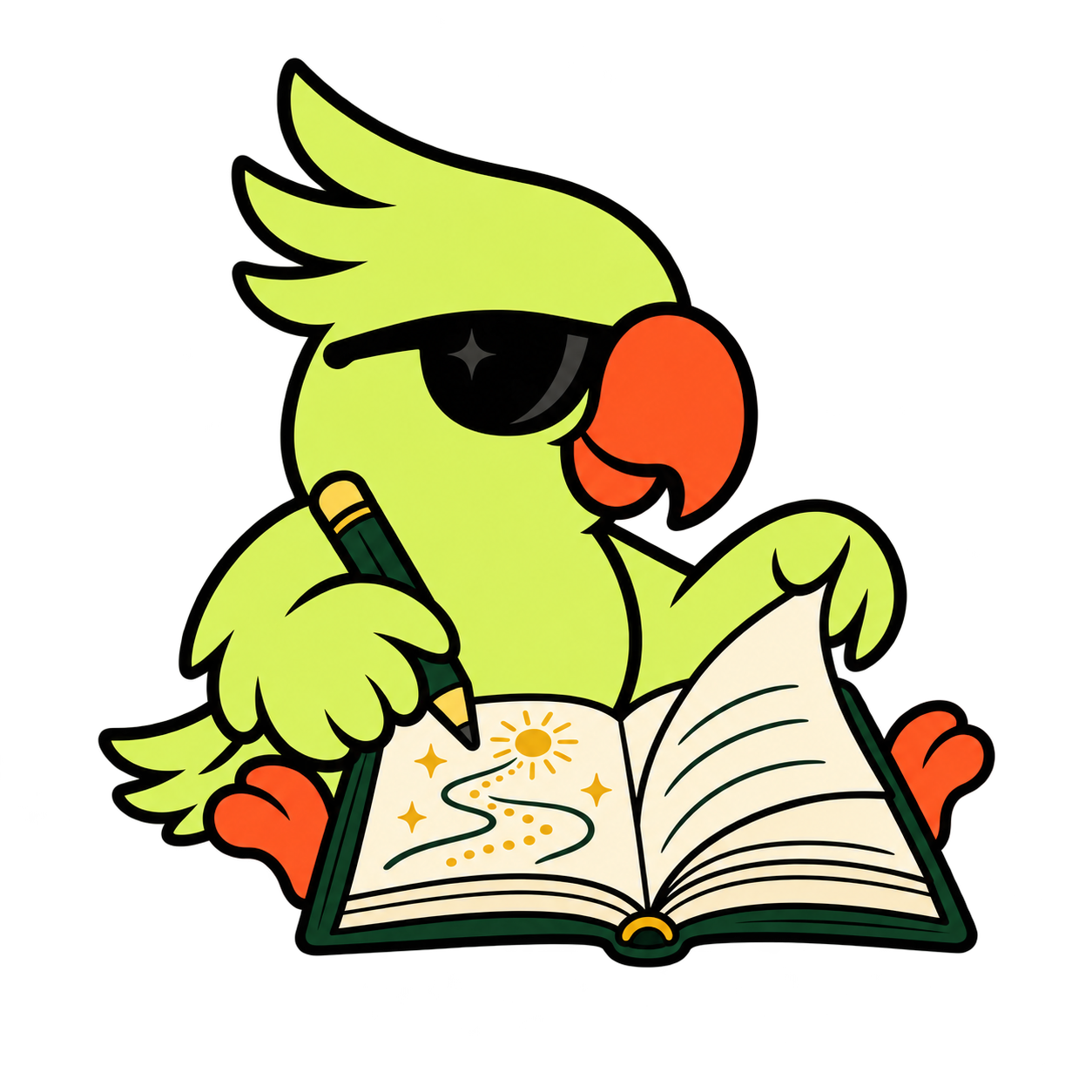 Tota turning a page of your personal manuscript, pencil in wing, tracing a path towards the sun